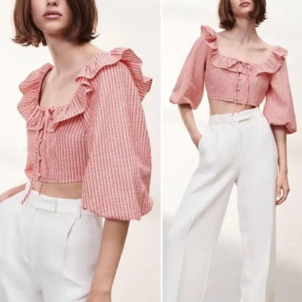 NEW Zara Cotton striped puff sleeve crop top in Red and White, Size L